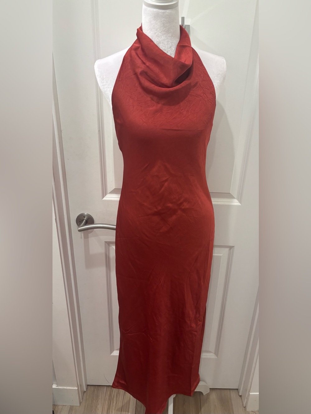 NWOT Rust red halter neck silky satiny Red Cowl Neck Halter Dress- S